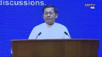 An image of junta chief Min Aung Hliang speaking at the Naypitaw Peace Forum (Photo: MRTV)